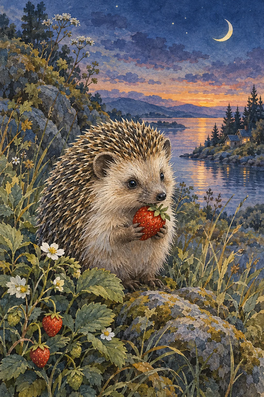 Portrait diamond painting of a cute hedgehog holding a strawberry, rendered in delicate ink and watercolor wash against a jewel-toned twilight sky.