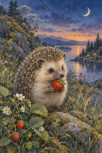 Portrait diamond painting of a cute hedgehog holding a strawberry, rendered in delicate ink and watercolor wash against a jewel-toned twilight sky.