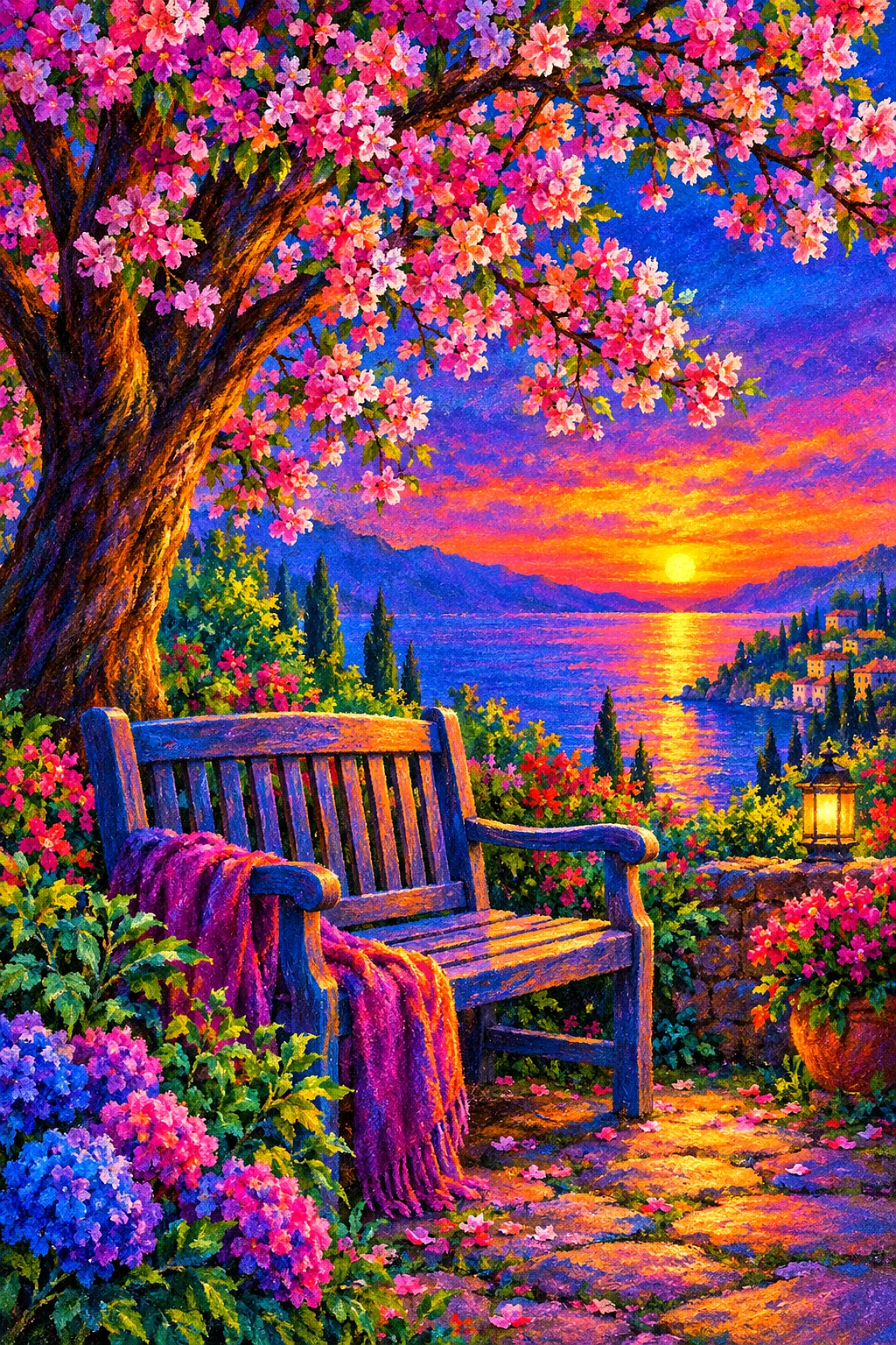 Portrait diamond painting of a garden bench under a blossoming tree at twilight with a jewel-toned sky, rendered in a vibrant soft pastel chalk style.