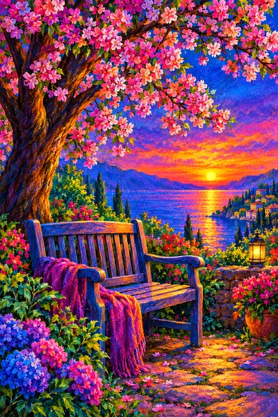 Portrait diamond painting of a garden bench under a blossoming tree at twilight with a jewel-toned sky, rendered in a vibrant soft pastel chalk style.