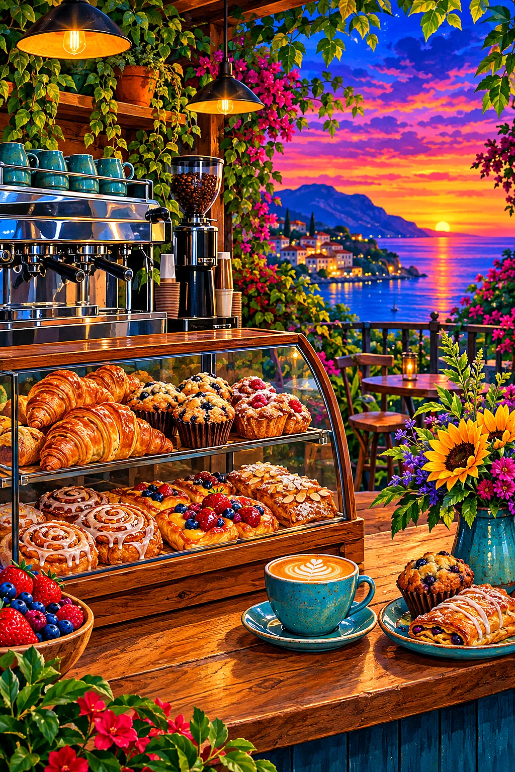Portrait diamond painting of a coffee shop counter at twilight, displaying various pastries with lush botanical details and a jewel-toned sky.