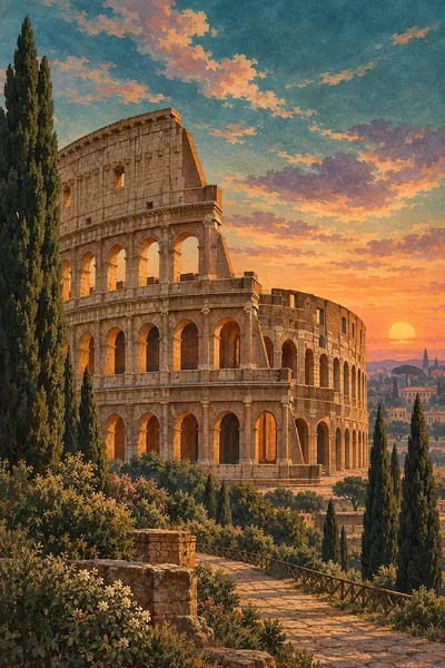 Portrait diamond painting kit depicting the ancient Roman Colosseum with cypress trees at twilight, in a soft sepia, cream, and faded teal antique sty