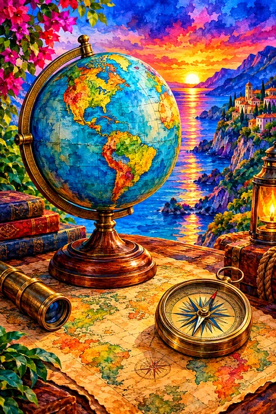 Portrait diamond painting of an antique globe, a rolled map, and a brass compass on a table at twilight, with a luminous watercolor style and a jewel-