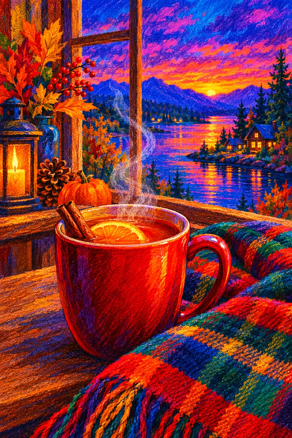 Portrait diamond painting featuring a steaming mug of hot cider, a folded red and black plaid blanket, and a window with a jewel-toned twilight sky, r