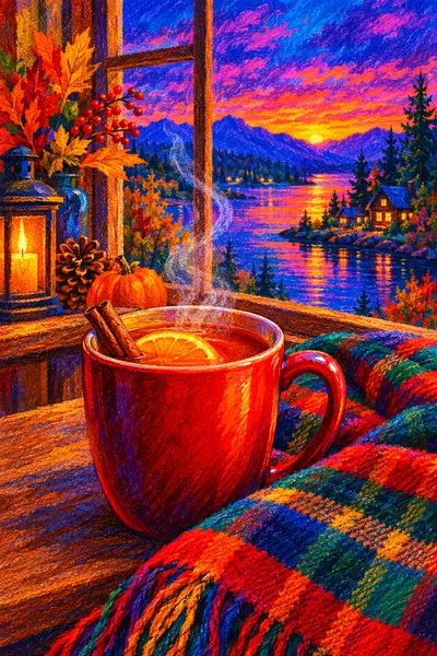 Portrait diamond painting featuring a steaming mug of hot cider, a folded red and black plaid blanket, and a window with a jewel-toned twilight sky, r