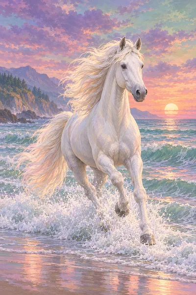 Portrait diamond painting kit of a white horse galloping through ocean surf at sunset with a pastel sky in pink, green, and lavender