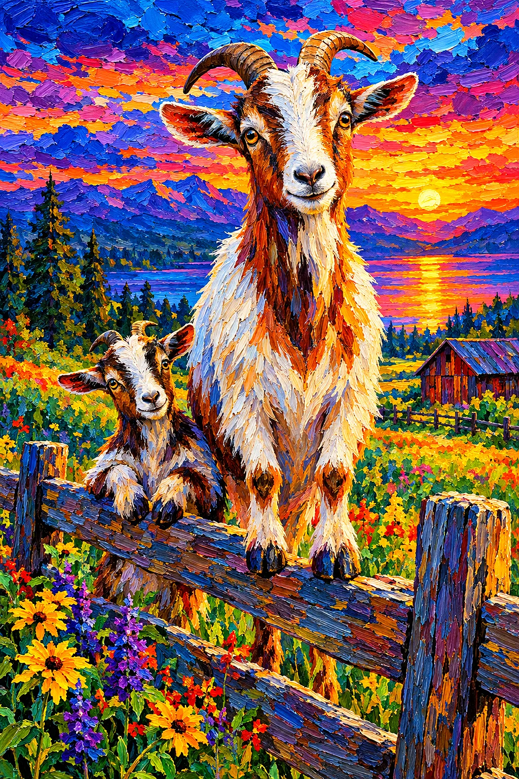 Close-up of a diamond painting kit featuring two goats near a wooden fence at twilight with a jewel-toned sky in an impasto oil painting style.