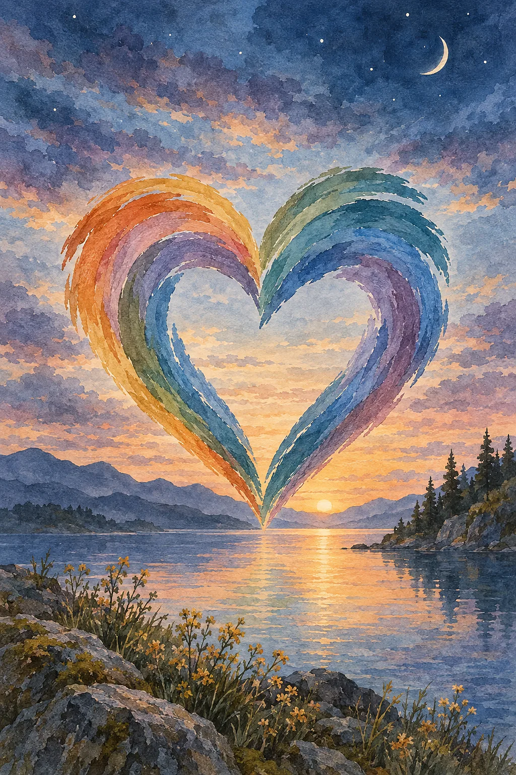 Portrait diamond painting kit of a heart made of delicate ink and watercolor wash brush strokes in muted slate blue, grey, and soft ochre, against a j