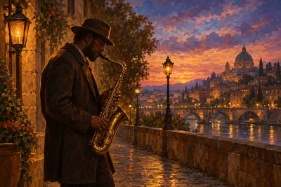 A landscape diamond painting kit canvas depicting a jazz musician playing a saxophone on a city street at twilight, with warm earthy tones, soft shado