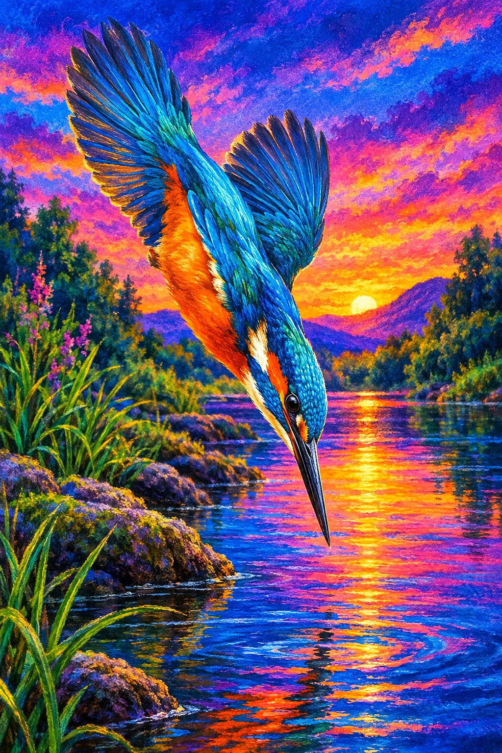 Portrait diamond painting of a vibrant blue and orange kingfisher diving into a river at twilight, with a blended jewel-toned sky in soft pastel chalk