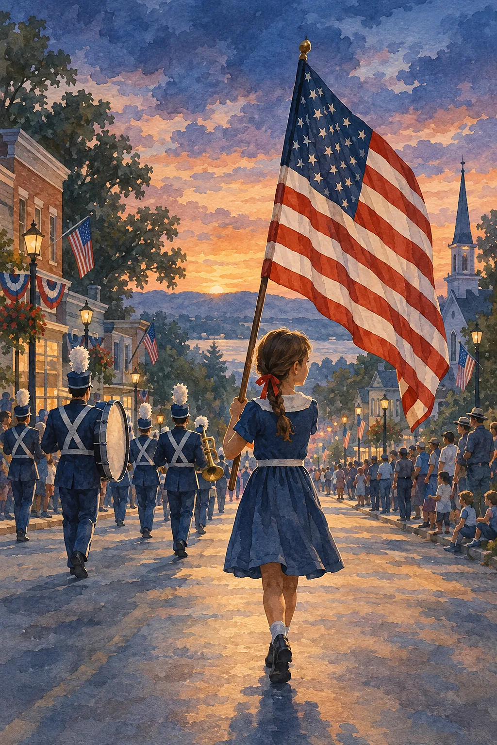 A delicate ink and watercolor diamond painting of a small town Independence Day parade at twilight, with a jewel-toned sky and muted slate blue, grey,