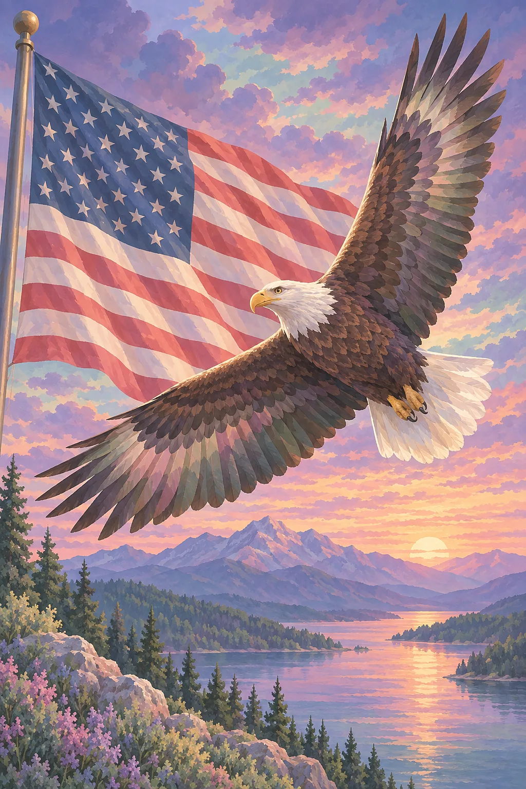 Portrait diamond painting depicting a bald eagle soaring past a waving American flag at twilight, in soft pastel shades of pink, green, lavender, and