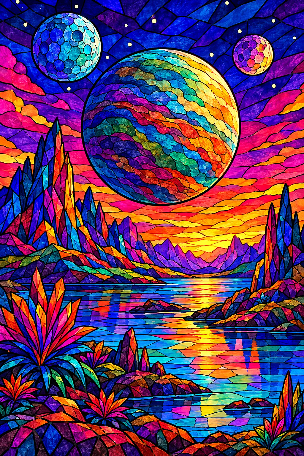 Portrait diamond painting of an alien planet with two moons at twilight, rendered in a jewel-toned stained glass mosaic style with bold dark outlines