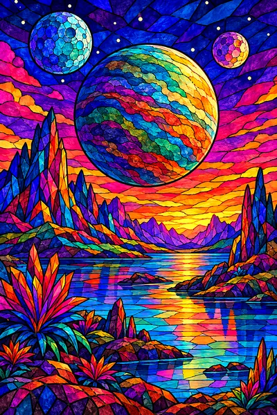 Portrait diamond painting of an alien planet with two moons at twilight, rendered in a jewel-toned stained glass mosaic style with bold dark outlines