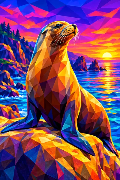 Faceted low-poly geometric diamond painting depicting a sea lion resting on a rock at twilight, with a vivid jewel-toned sky in the background.