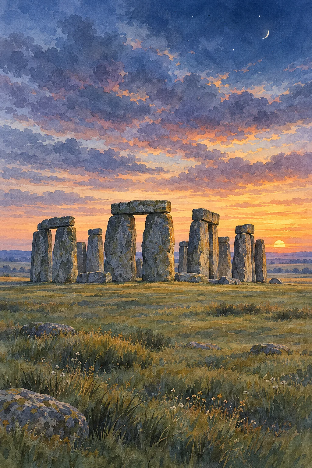 Portrait diamond painting of an ancient stone circle on a wide grassy plain at twilight, with a jewel-toned sky above. The art style is a delicate ink