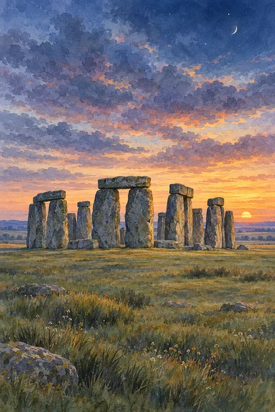 Portrait diamond painting of an ancient stone circle on a wide grassy plain at twilight, with a jewel-toned sky above. The art style is a delicate ink