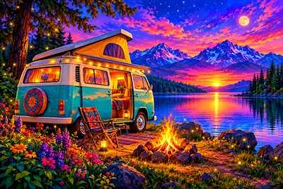 A landscape diamond painting depicting a vintage camper van parked by a shimmering lake at twilight, with a jewel-toned sky and glowing, magical spark