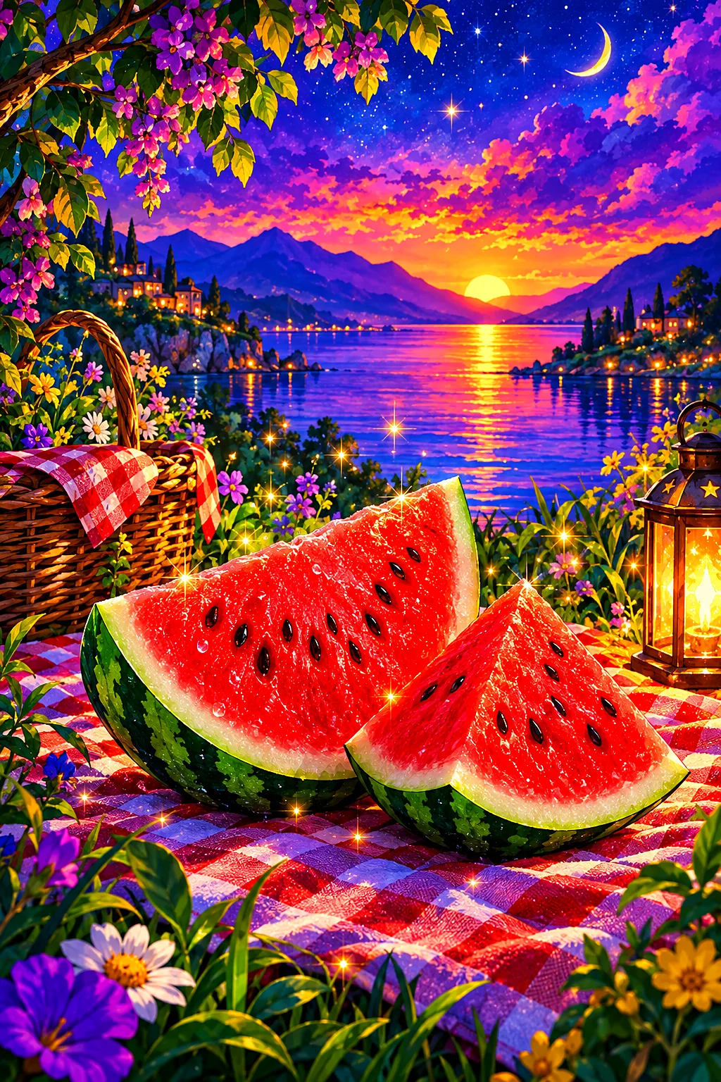 Portrait diamond painting kit of glowing watermelon slices on a picnic blanket under a jewel-toned twilight sky with magical sparkles.