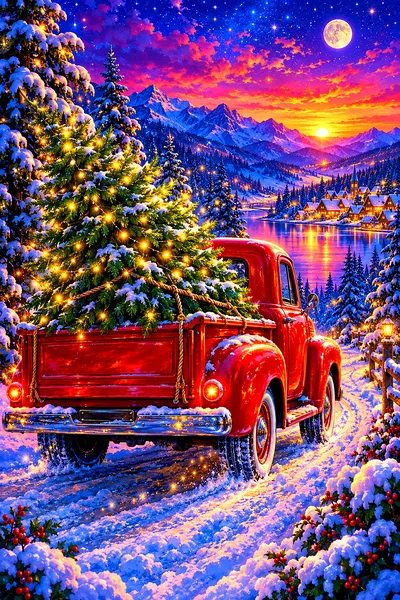 Vintage red truck carrying a Christmas tree through a snowy landscape at twilight, with glowing lights and magical sparkles in a dreamy fantasy illust