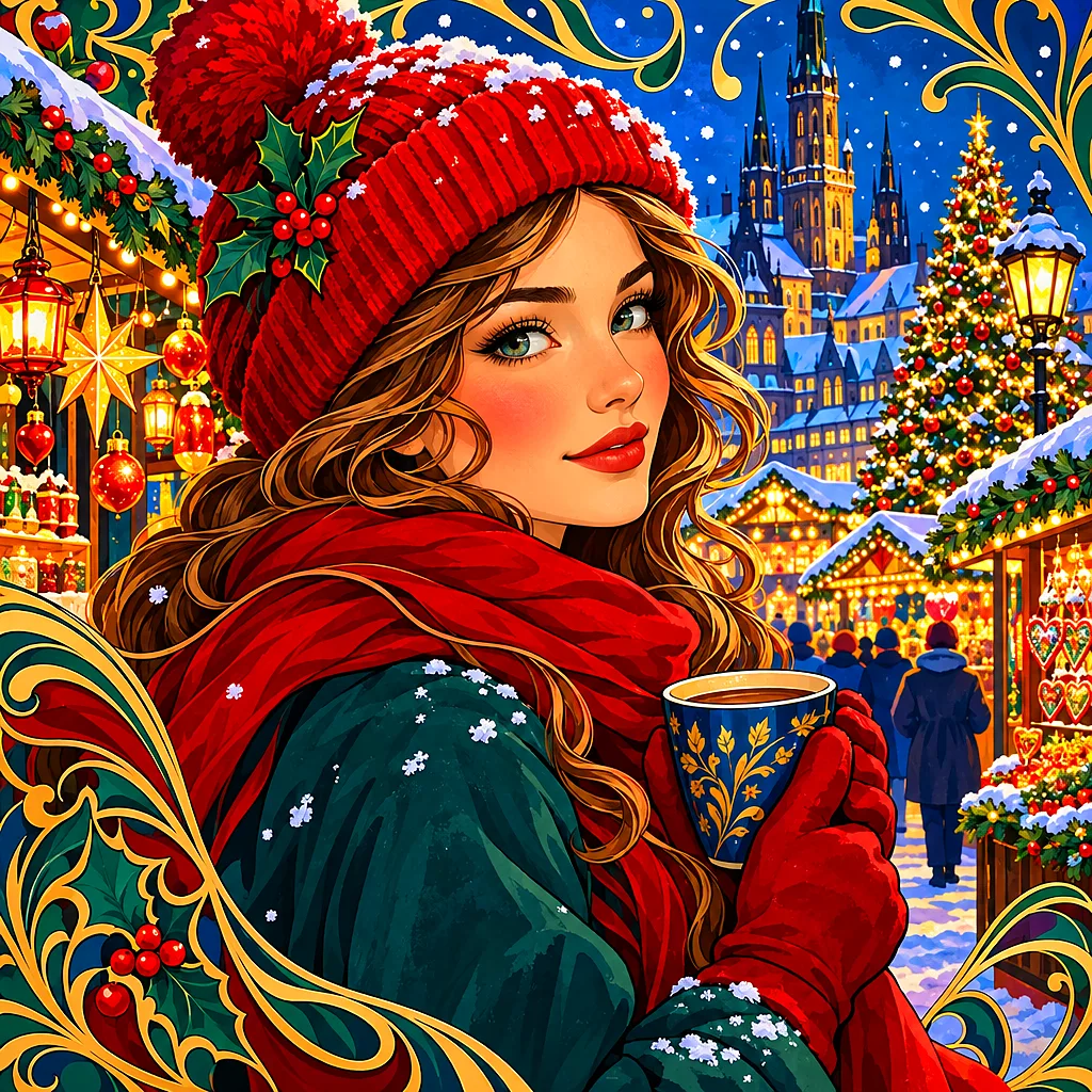 Close-up diamond painting of a Christmas market at night, illuminated by warm lights with falling snow, in a detailed art nouveau style.