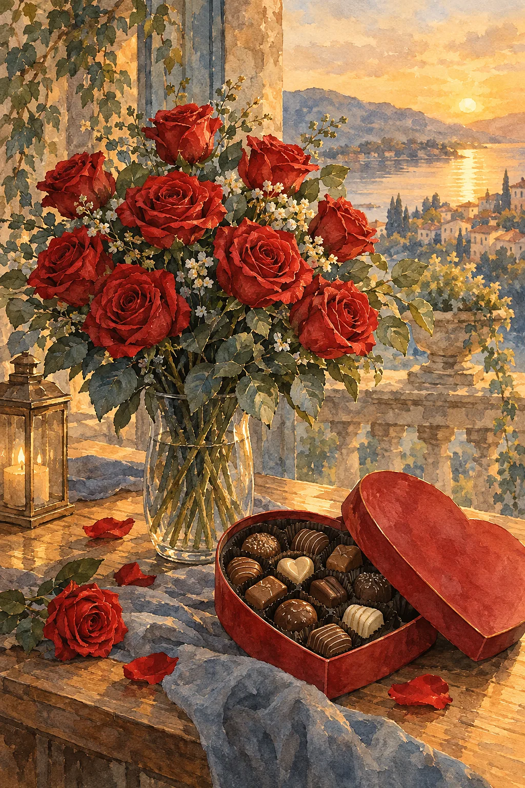 Portrait diamond painting of a delicate ink and watercolor wash featuring a bouquet of red roses and a heart-shaped box of chocolates, bathed in warm