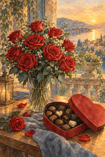 Portrait diamond painting of a delicate ink and watercolor wash featuring a bouquet of red roses and a heart-shaped box of chocolates, bathed in warm