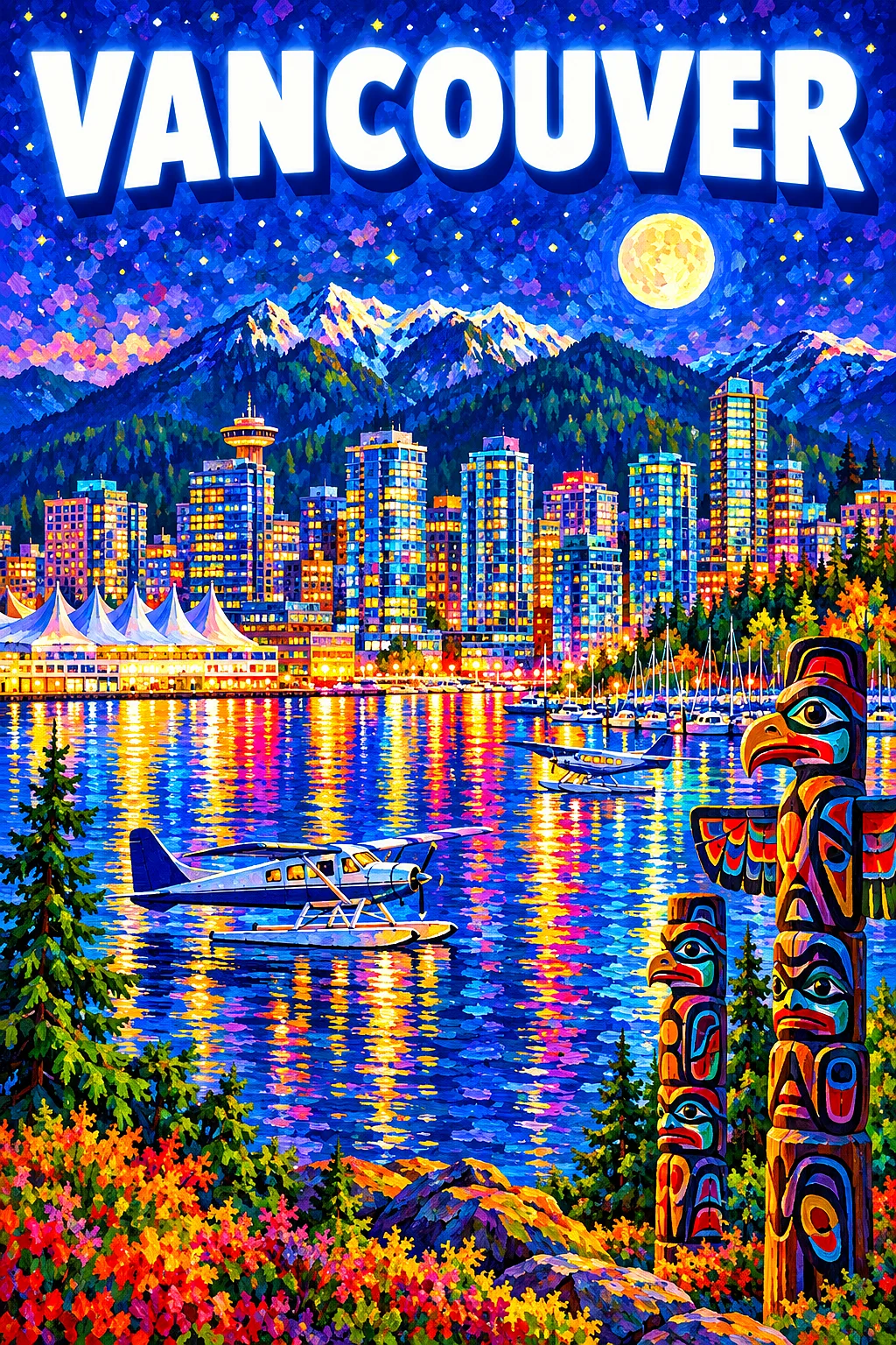 Impressionistic diamond painting of Vancouver harbor at night with glowing glass towers, seaplanes, totem poles, and mountains under a starry sky.