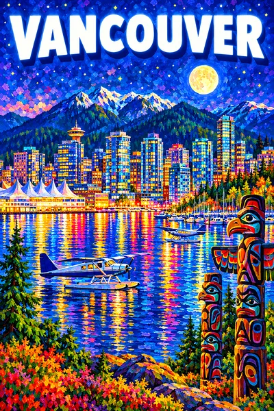 Impressionistic diamond painting of Vancouver harbor at night with glowing glass towers, seaplanes, totem poles, and mountains under a starry sky.