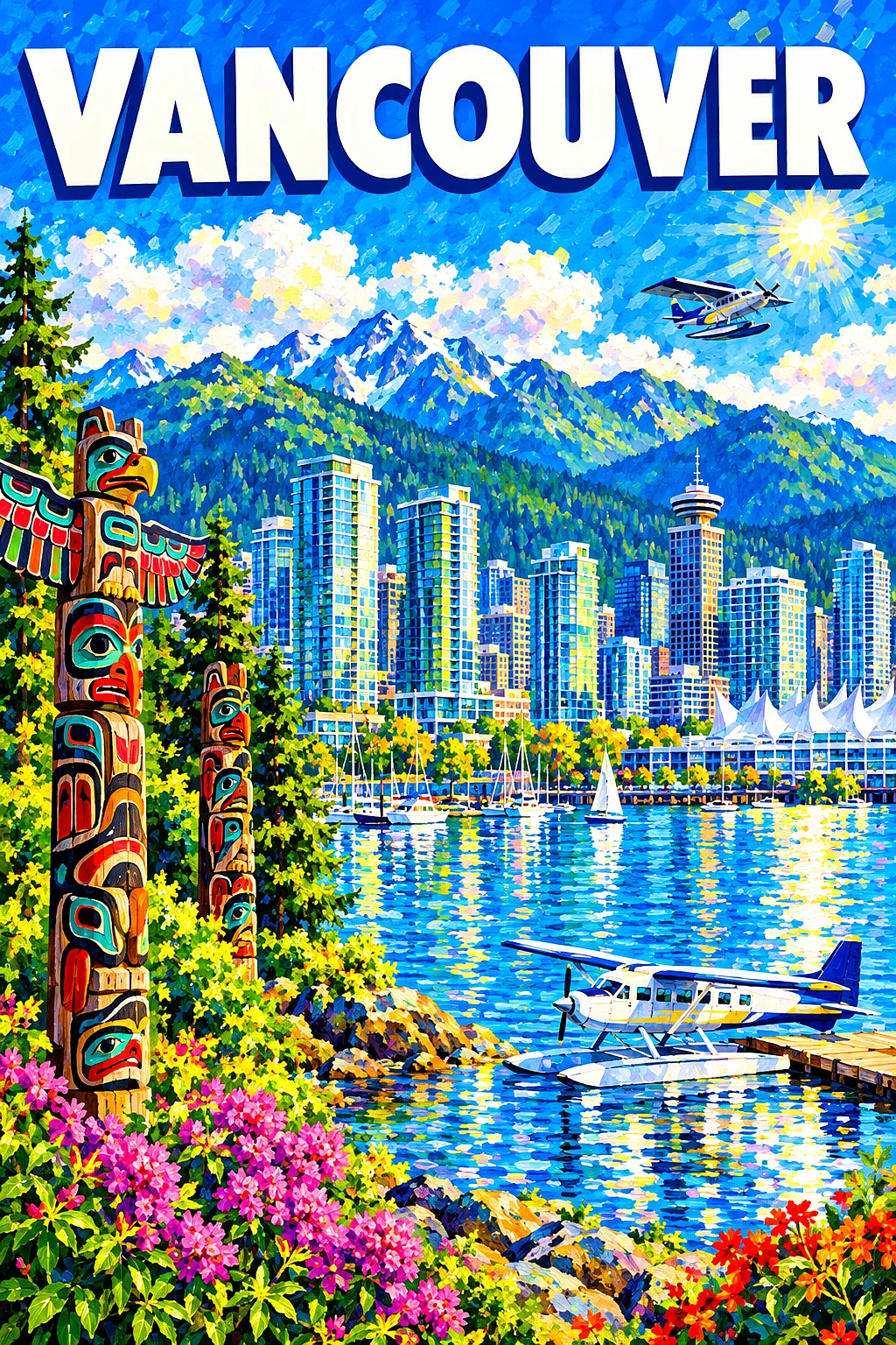 Impressionist diamond painting kit depicting a vibrant harbor city with glass towers, seaplanes, carved cedar posts, and forested mountains under a br