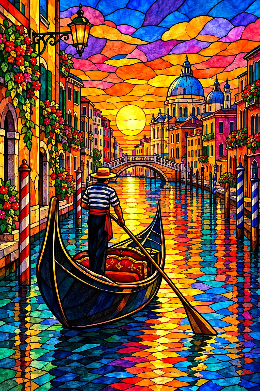 Close-up of a diamond painting kit featuring a jewel-toned stained glass style canal at sunset with a gondola, showing shimmering round drills on the