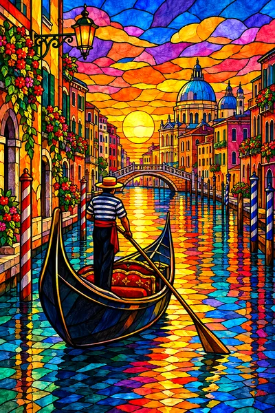 Close-up of a diamond painting kit featuring a jewel-toned stained glass style canal at sunset with a gondola, showing shimmering round drills on the