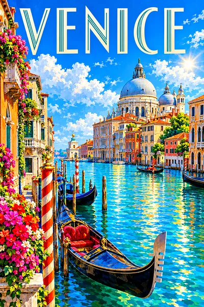 Portrait diamond painting kit depicting a grand canal in Venice with gondolas, striped mooring poles, palazzos, and a domed basilica under a sunny blu