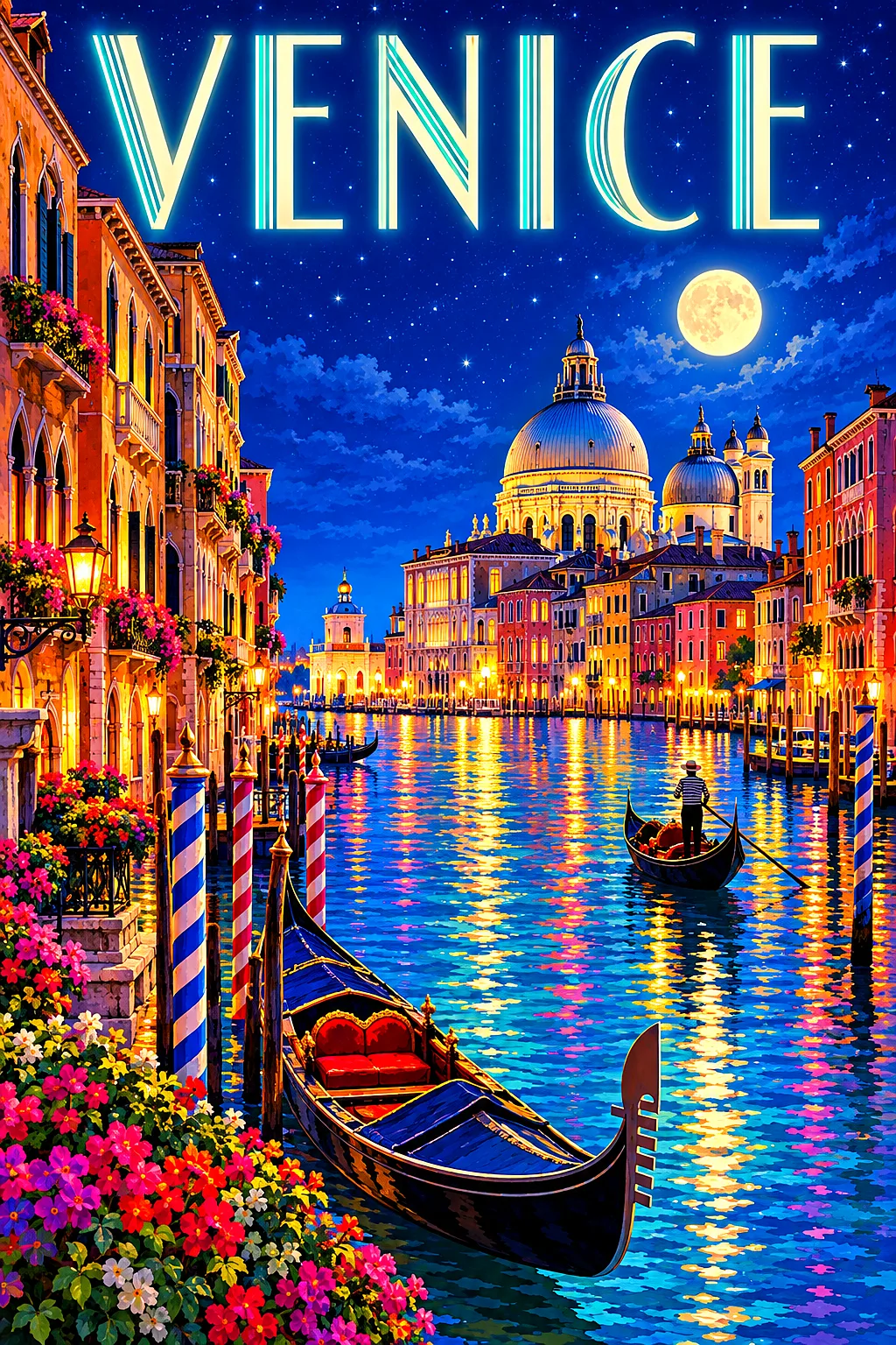 Portrait diamond painting kit showing a Venice grand canal at night with glowing palazzos, gondolas, a domed basilica, and a starry sky with a bright