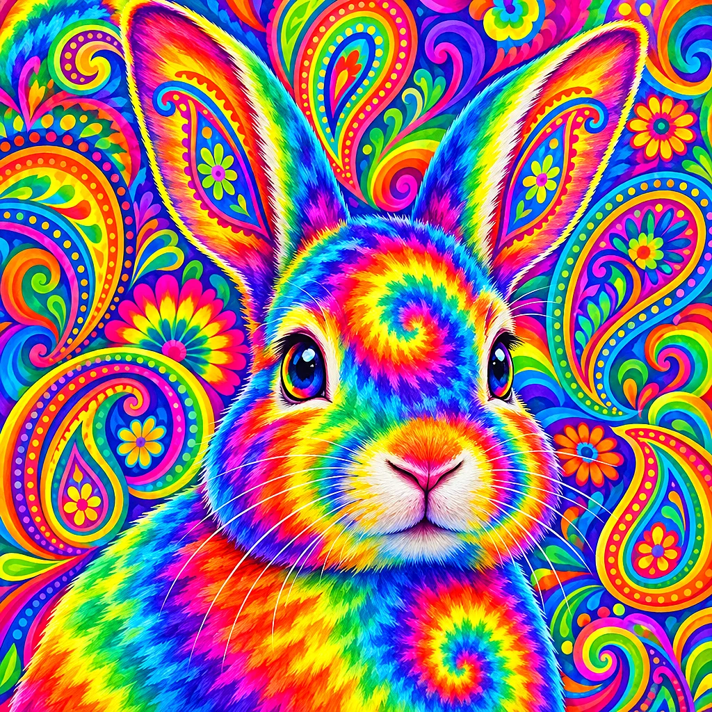 Close-up square diamond painting of a psychedelic tie-dye paisley pattern in bright, glowing rainbow colors, with swirling lines and intricate details