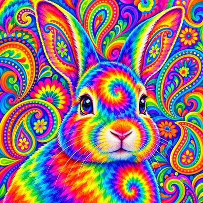 Close-up square diamond painting of a psychedelic tie-dye paisley pattern in bright, glowing rainbow colors, with swirling lines and intricate details