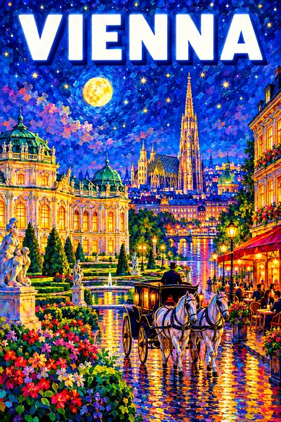 Vienna by night Austria: a baroque palace garden with a horse-drawn fiacre, a coffeehouse and a tall gothic cathedral spire,