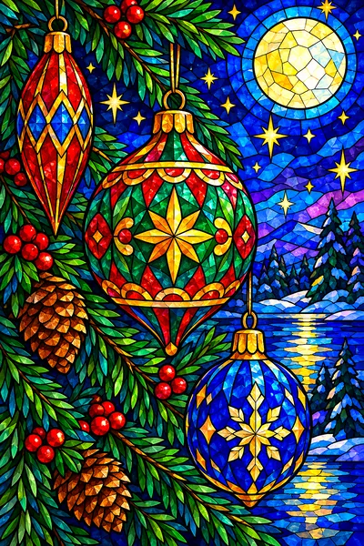 Vintage christmas ornaments on pine branches glowing under moonlight and stars, jewel-toned stained glass mosaic