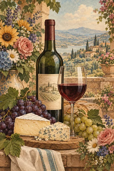 Portrait diamond painting of a vintage illustration featuring a wine bottle, grapes, and cheese, surrounded by colorful flowers, in soft sepia, cream,