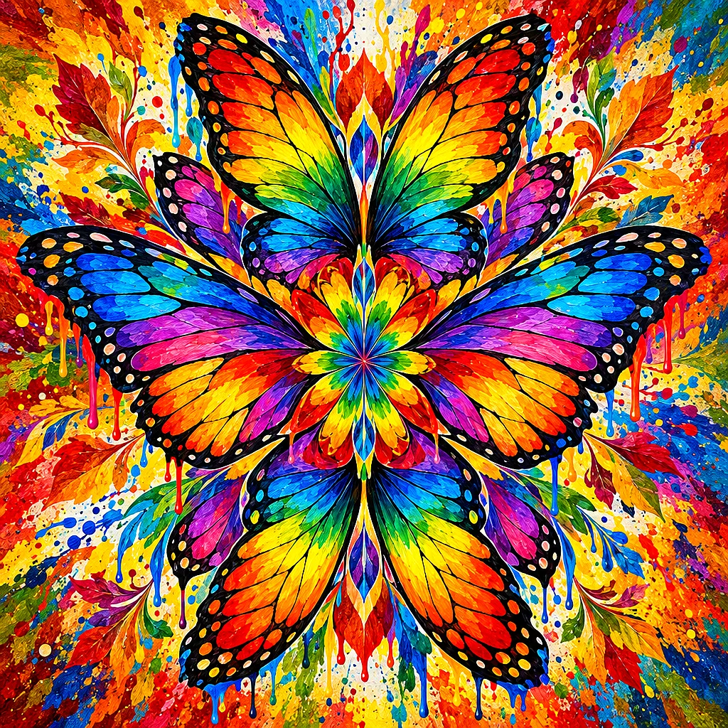 Square diamond painting kit featuring a high-energy acrylic style rainbow butterfly wings mandala with paint splashes and rich autumn tones.
