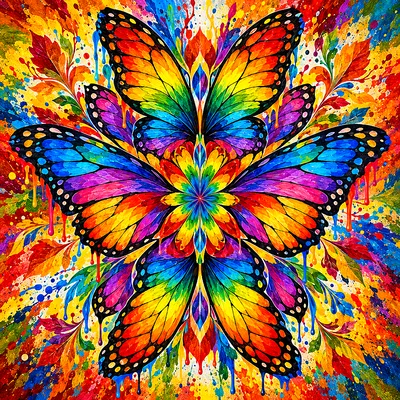 Square diamond painting kit featuring a high-energy acrylic style rainbow butterfly wings mandala with paint splashes and rich autumn tones.