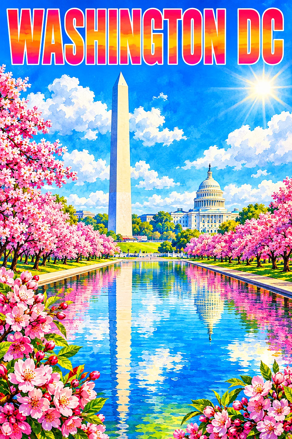 A portrait-oriented diamond painting kit design depicting a bright, sunny Washington DC scene with a reflecting pool, cherry blossom trees, a tall whi