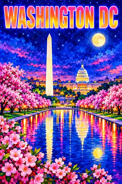 Diamond painting kit canvas depicting Washington DC by night with a reflecting pool, obelisk, domed capitol, cherry blossoms, glowing moon, and city l