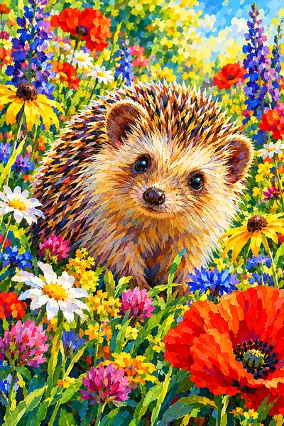 Impressionistic diamond painting kit featuring a small hedgehog peeking out from a vibrant garden of pink, purple, and yellow wildflowers, with soft d