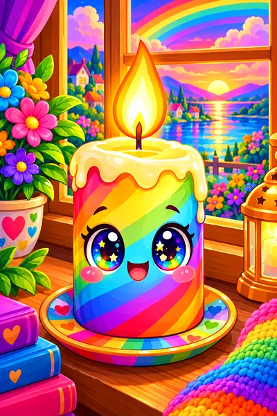 Close-up of a finished diamond painting kit featuring an adorable kawaii cartoon candle with big sparkling eyes glowing in a window, surrounded by a v