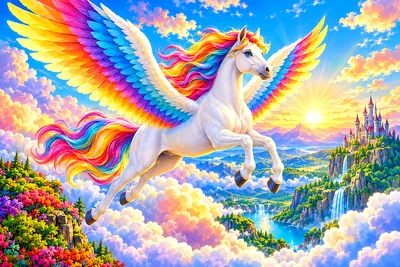 A cheerful, bright diamond painting depicting a winged horse with a flowing mane flying gracefully over soft, glowing clouds in a wide, whimsical land