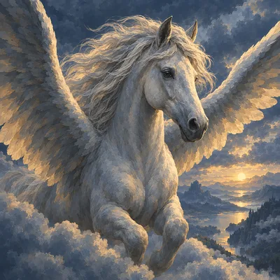 Close-up diamond painting of a majestic winged horse with a flowing mane, flying over deep blue and grey clouds illuminated by soft amber light in a s