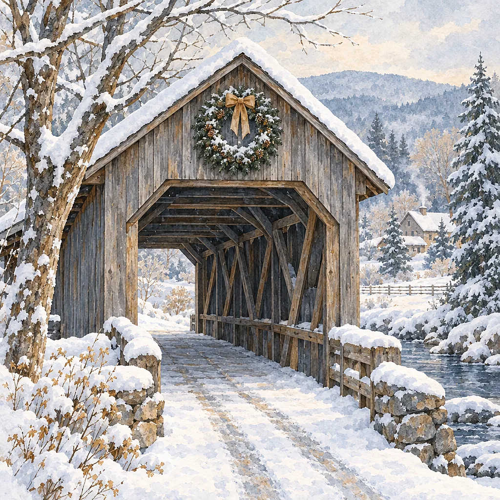 Close-up square diamond painting depicting a snowy covered bridge adorned with a festive wreath in muted slate blue, grey, and soft ochre, with a deli