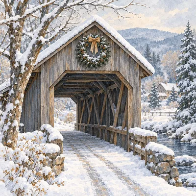 Close-up square diamond painting depicting a snowy covered bridge adorned with a festive wreath in muted slate blue, grey, and soft ochre, with a deli