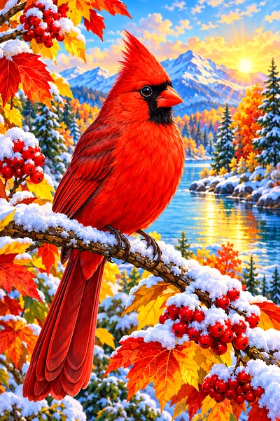 Whimsical diamond painting featuring a bright red cardinal with black markings, perched on a snow-covered branch with warm autumn leaves in the backgr